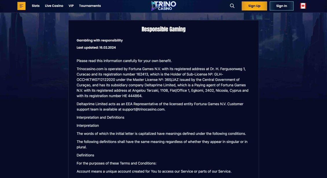 Image of Trino Casino page about responsible gaming