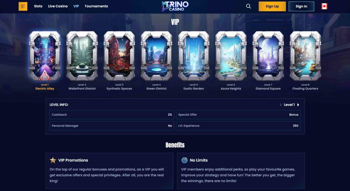 Image of Trino Casino page about VIP program
