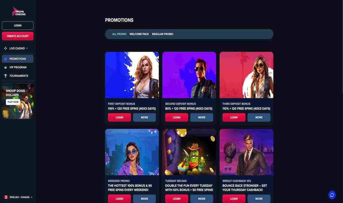 Trips Casino bonus page