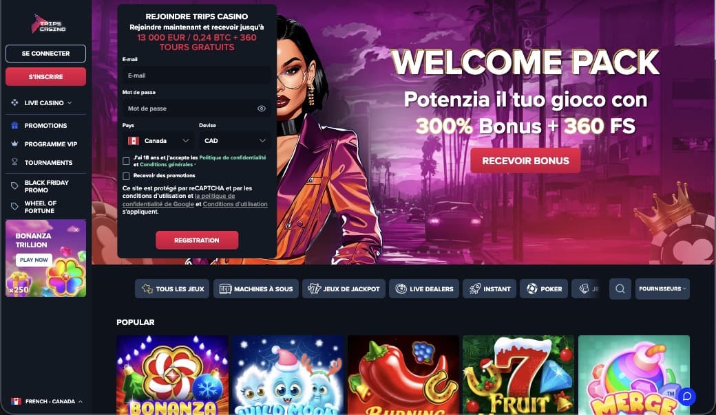Page principale du casino Trips