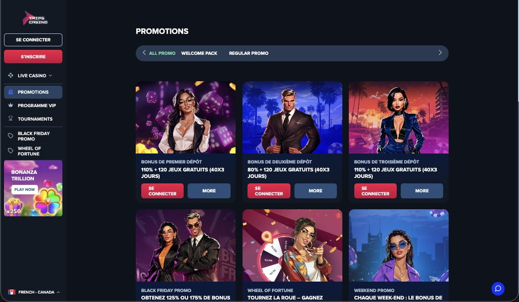 Page des promotions du casino Trips