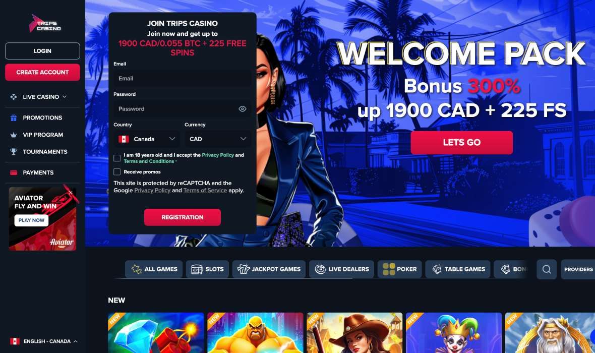 Trips Casino main page