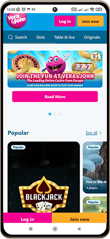 Capture d'écran de la page principale de Vera & John Casino sur mobile