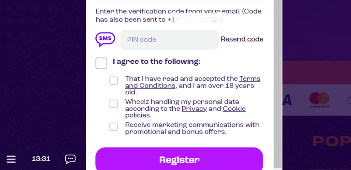 Wheelz Casino registration process step 4