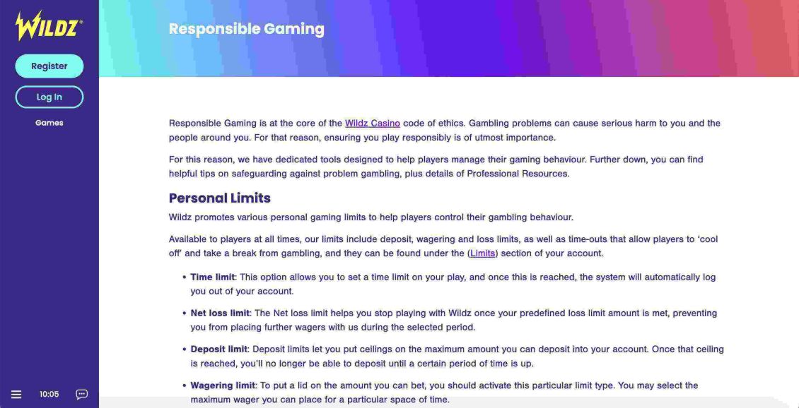 Wildz Casino page about responsible game