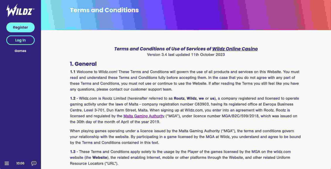 Screenshot of terms and conditions at Wildz Casino