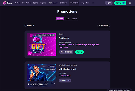 Winspirit Casino promotions page