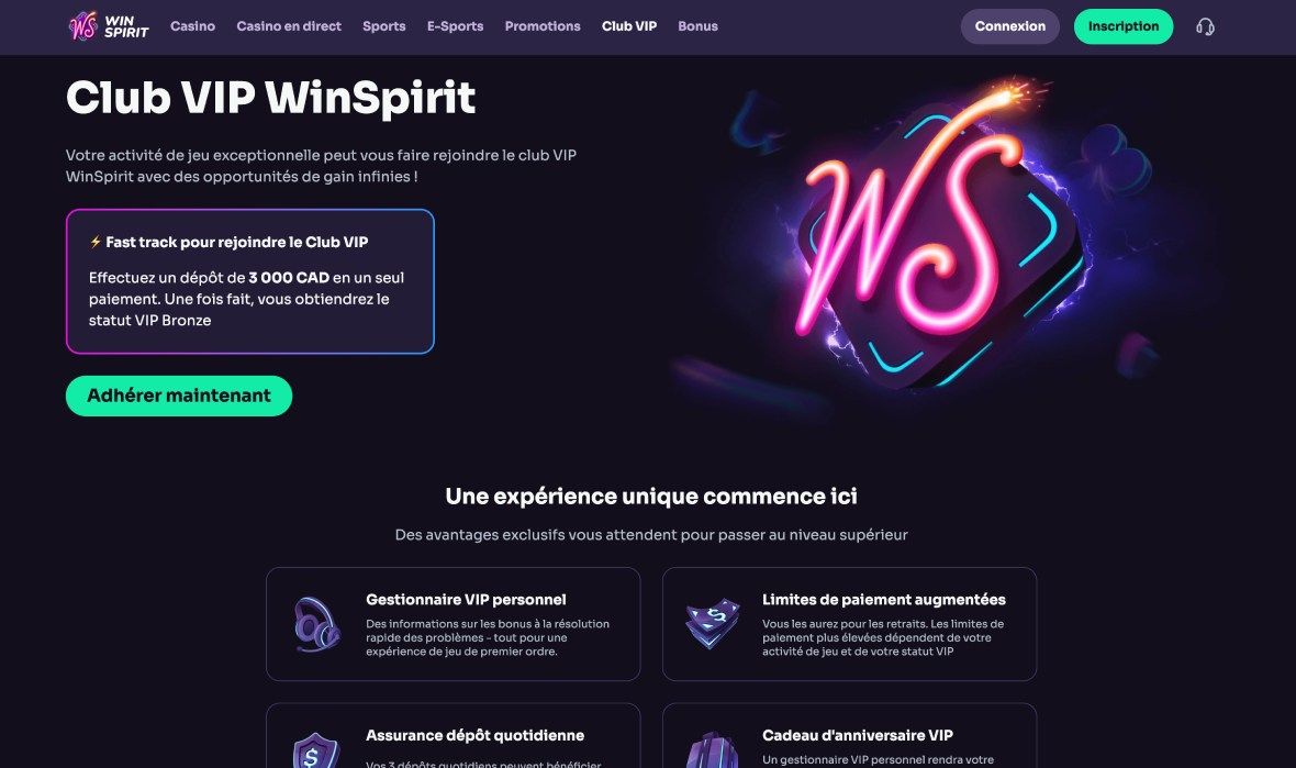 Page du programme VIP de Winspirit Casino