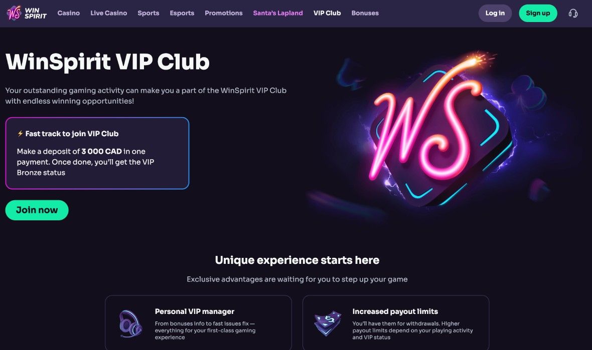 Winspirit Casino Vip club page