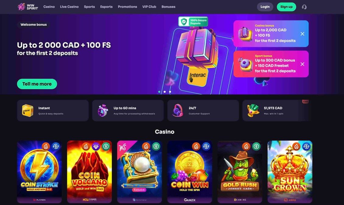 Image of main page of Winspirit Casino