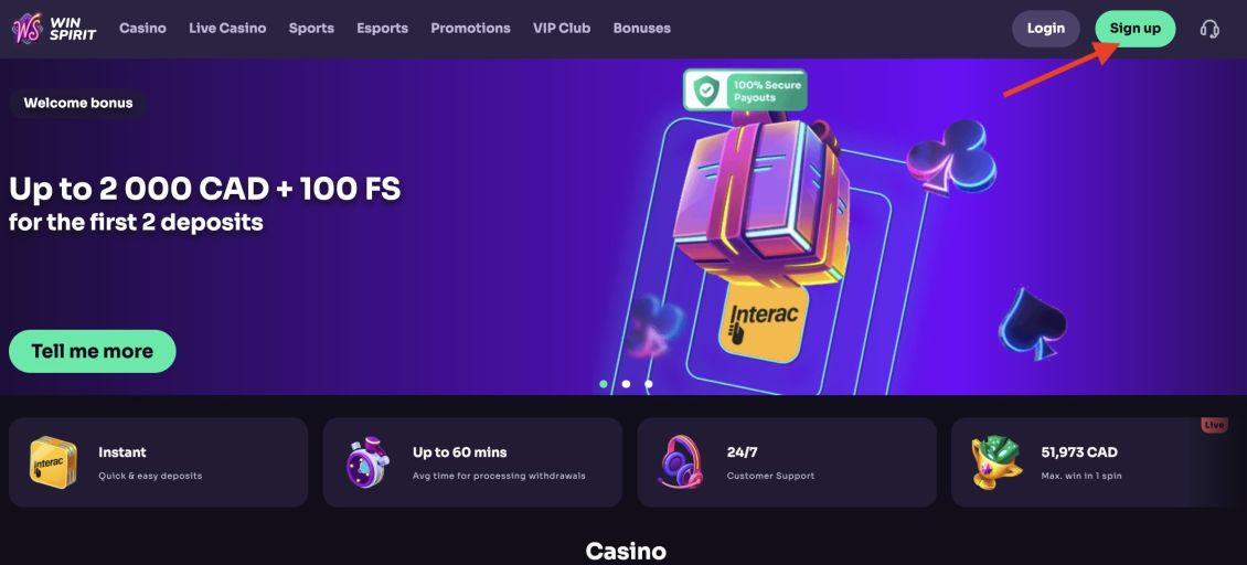 Screenshot of Winspirit Casino registration process - step 1