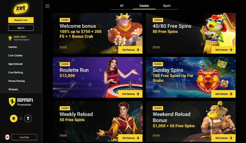 Zet Casino Promotion page