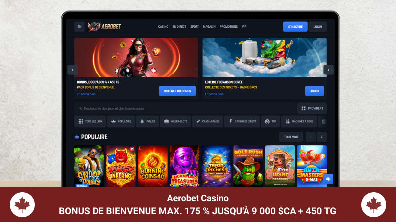 Page principale de Aerobet casino sur l'écran de l'ordinateur portable