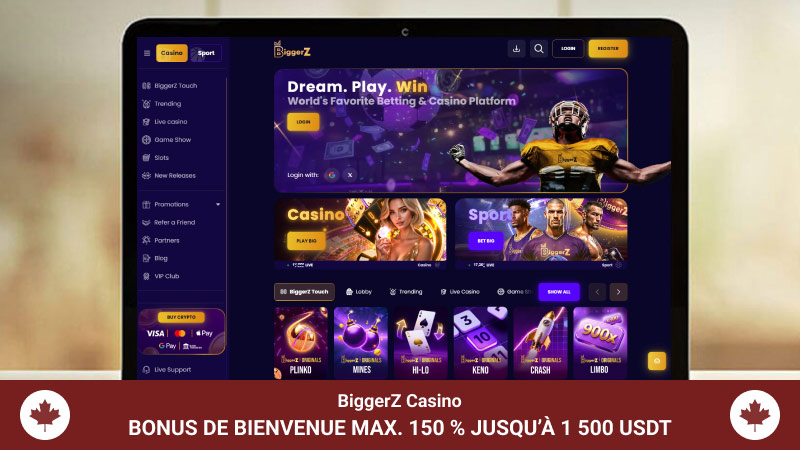 Page principale de BiggerZ casino sur l'écran de l'ordinateur portable