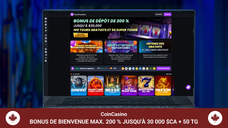 Page principale de CoinCasino sur l'écran de l'ordinateur portable