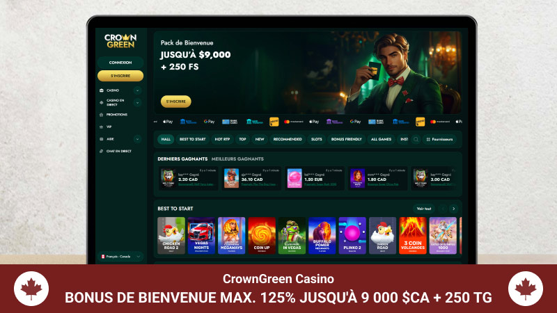 page principale de CrownGreen casino sur l'écran de l'ordinateur portable