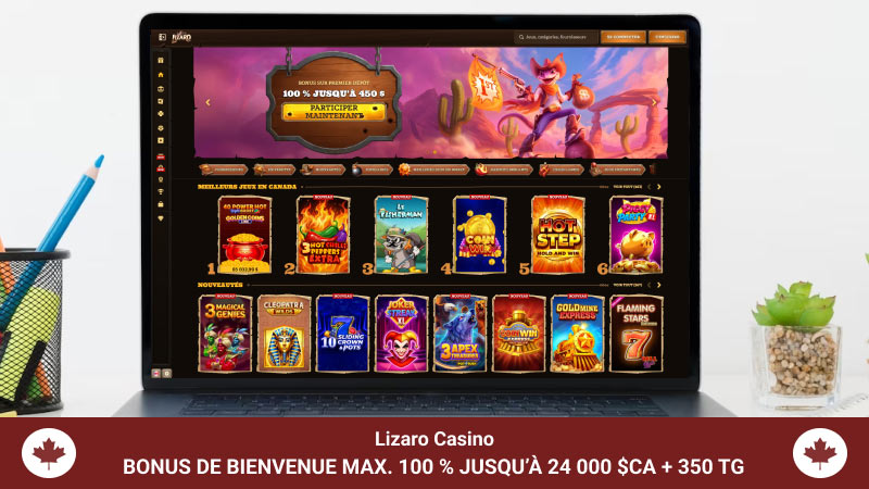 Page principale de Lizaro casino sur l'écran de l'ordinateur portable