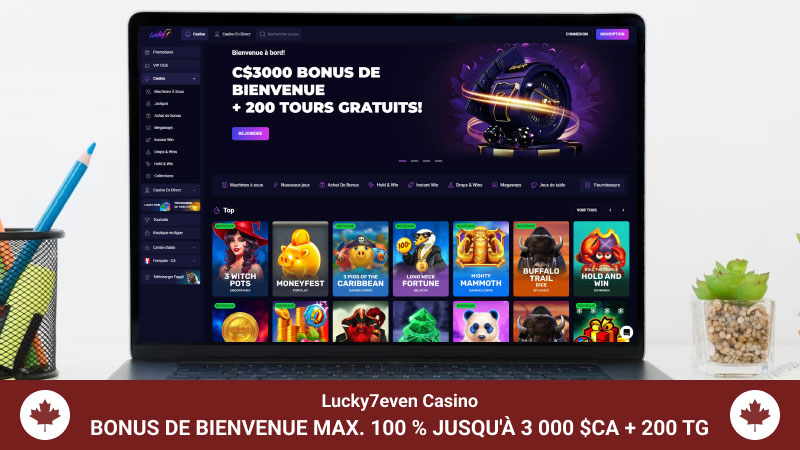 Page principale de Lucky7even casino sur l'écran de l'ordinateur portable