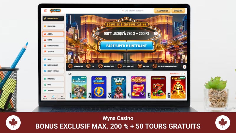 Page principale de Wyns casino sur l'écran de l'ordinateur portable