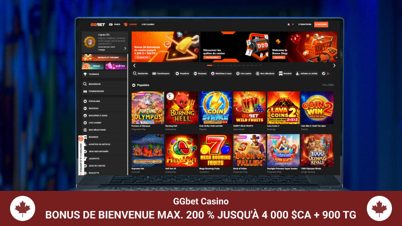 Page principale de GGbet casino sur l'écran de l'ordinateur portable