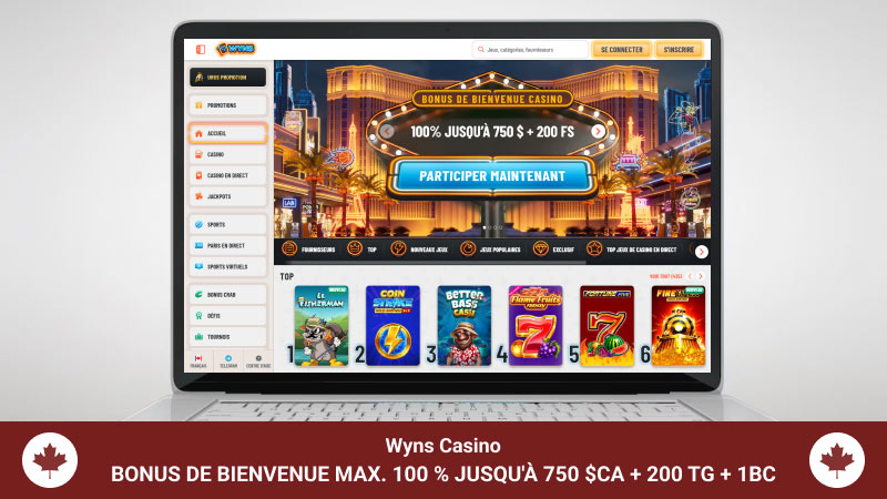 Page principale de Wyns casino sur l'écran de l'ordinateur portable