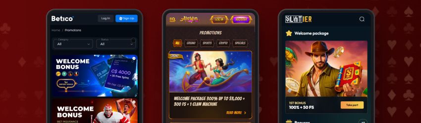 Screenshots of casino promotions pages on mobile phones