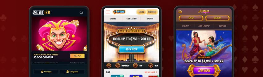 Screenshots of new casino homepages on mobile phones