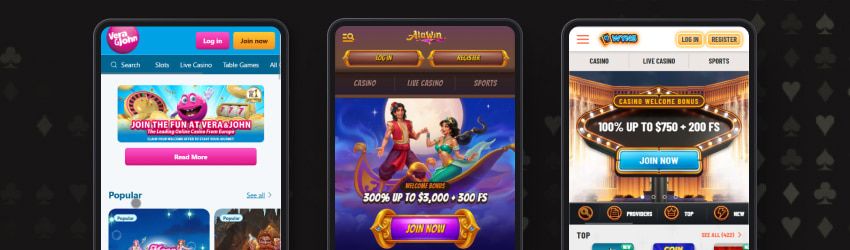 Screenshots of casino homepages on mobile phones