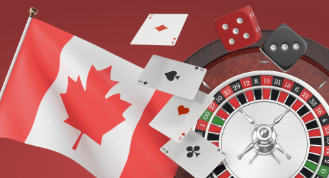 banner with Canada's flag and roulette wheel and casino cards