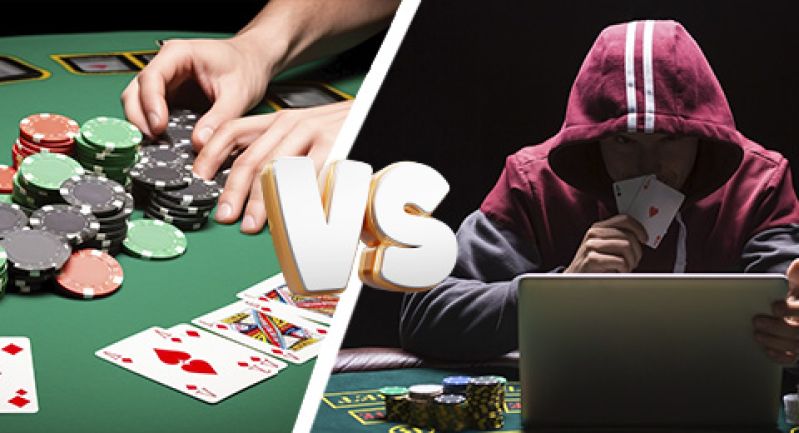 casino cards and chips on the left and a man with a laptop on the right
