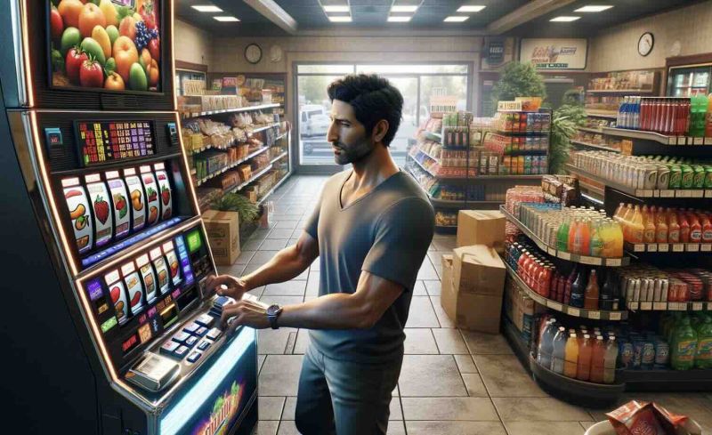 the image of a man playing slot machine at the gas station