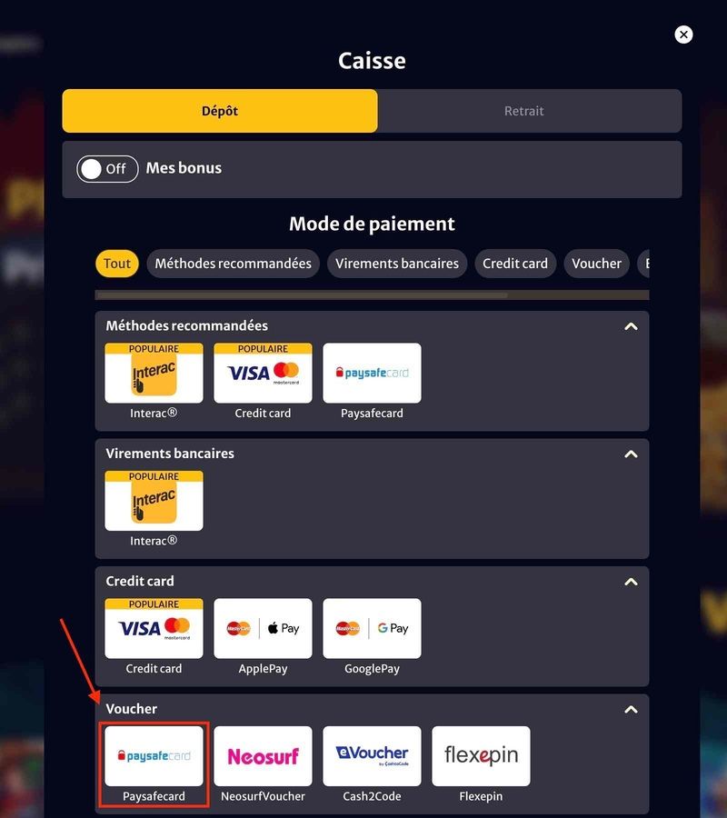 Dépôt avec PaysafeCard Étape 3