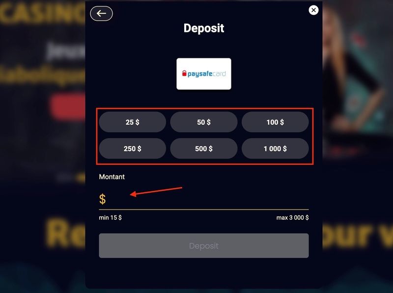 Dépôt avec PaysafeCard Étape 4
