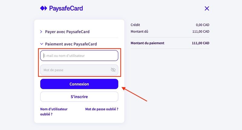 Dépôt avec PaysafeCard Étape 6