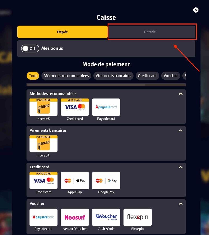 Retrait avec PaySafeCard Étape 2