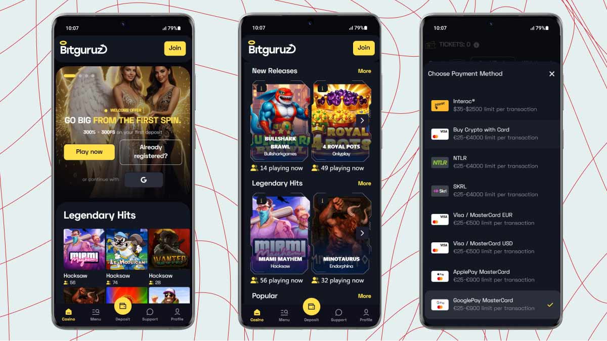 Mobile screenshots of Bitguruz Casino