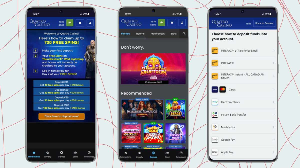 Mobile screenshots of Quatro Casino