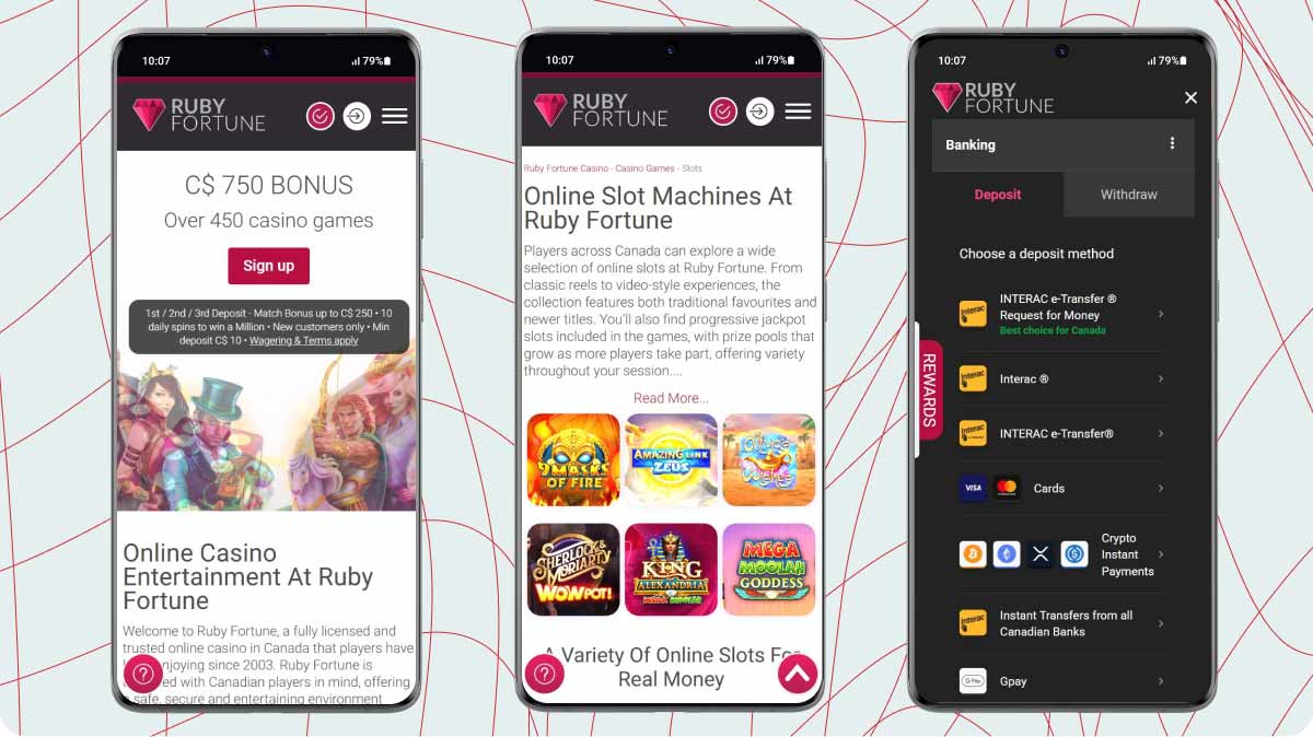 Mobile screenshots of Ruby Fortune Casino