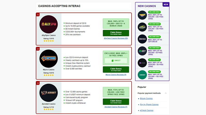 List of online casinos accepting Interac