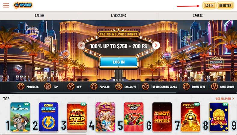 Login page of Wyns Casino