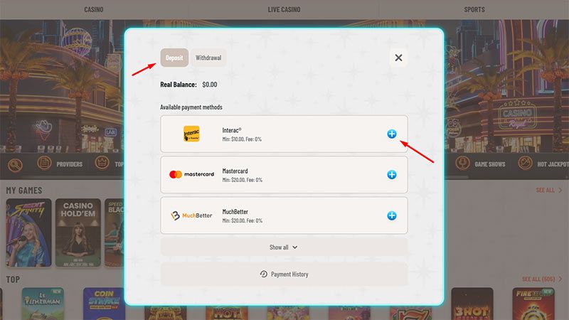 Deposit menu at Wyns Casino