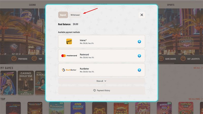 Cashier page of Wyns Casino