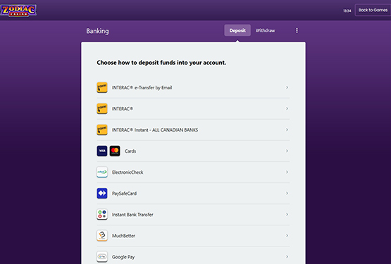 Zodiac Casino - payments