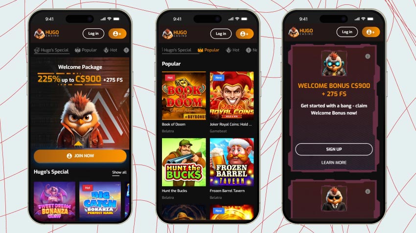 Mobile screenshots of Hugo Casino