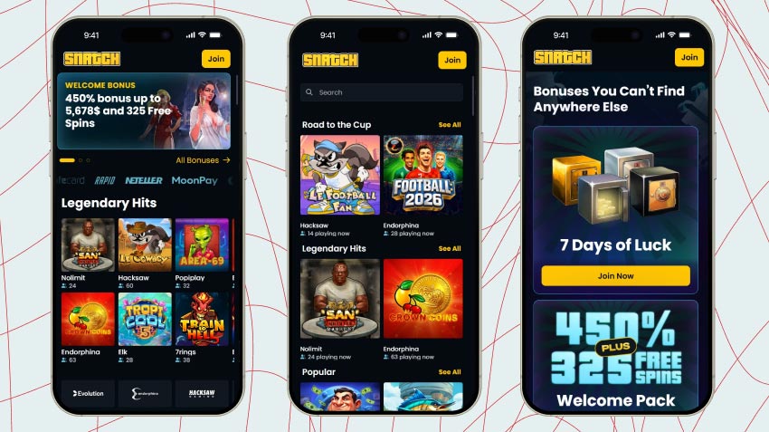 Mobile screenshots of Snatch Casino