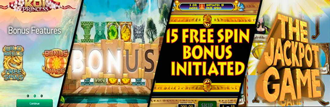 Collage of slot bonuses, Koi Princess, Turning Totems, Hall of Gods, Great Adventure.