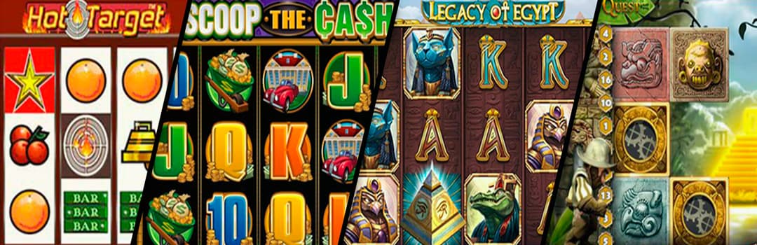 Collage of slots, Gonzo Quest, Hot Target, Legacy of Egypt, Scoop the cash.