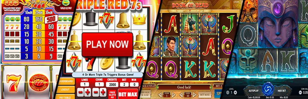 Slots interface collage, Book of Dead, Tripple Red, Asgardian Stones, Sizzling 777.