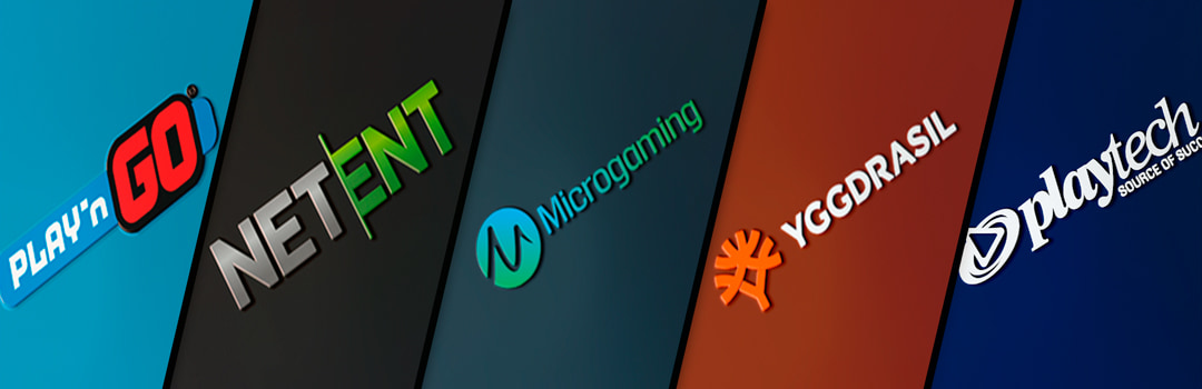 Collage of slot providers, Play 'N Go, NetEnt, Microgaming, Yggdrasil, Playtech.